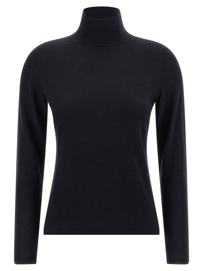 Cardigan by Max Mara for women in cashmere blue showcases a captivating silhouette, artfully detailed with a captivating long-sleeve and turtle high-neck neckline for a truly sophisticated captivating look.