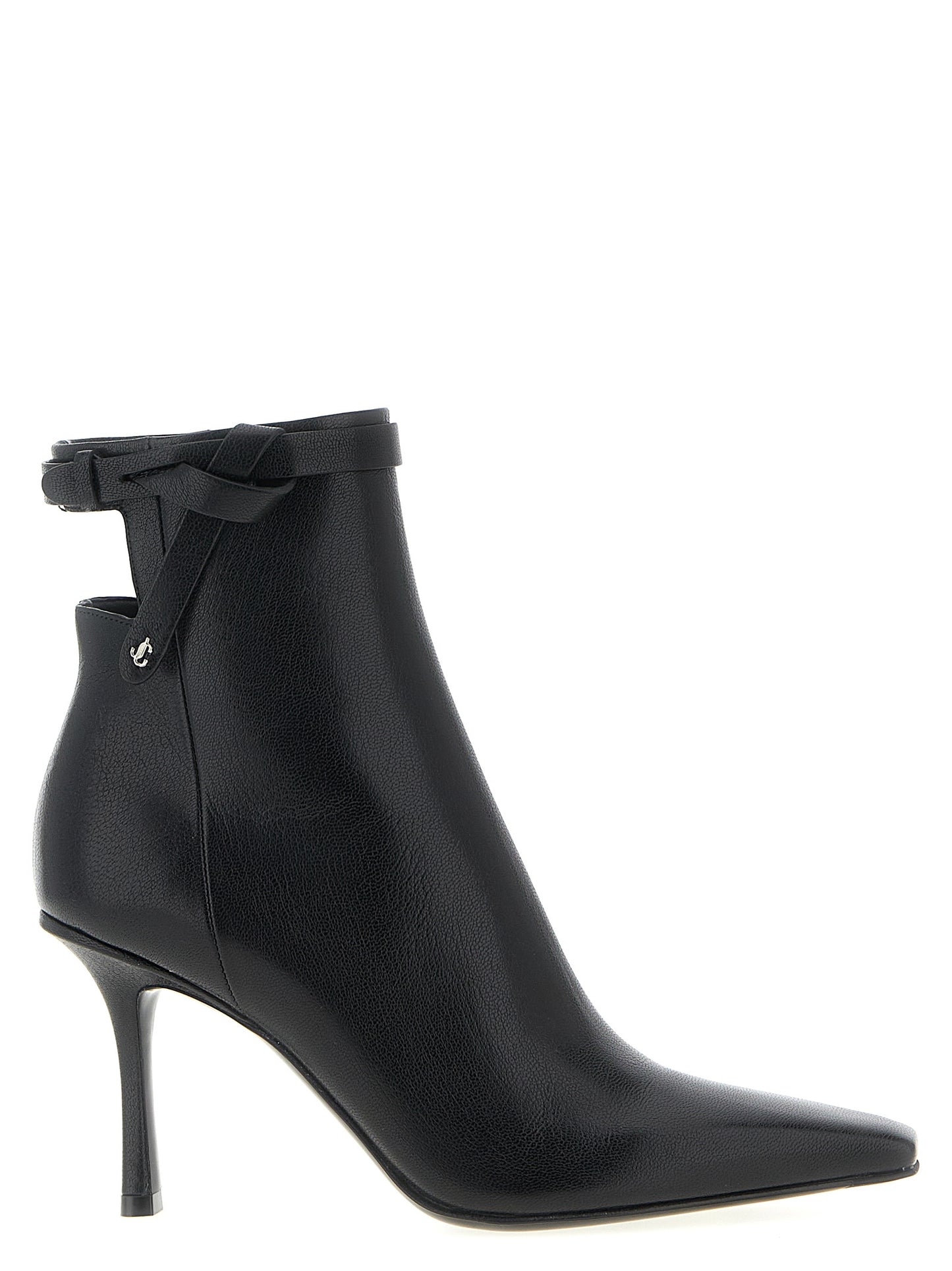 Stiletto Ankle Cut-Out Strap Boots by Jimmy Choo for women in plastic leather & silk black features an dynamic silhouette, showcasing the dynamic Women's Plastic Leather & Silk Stiletto Ankle Cut-Out Strap Boots design with its distinctive stiletto and elegant square toe style.