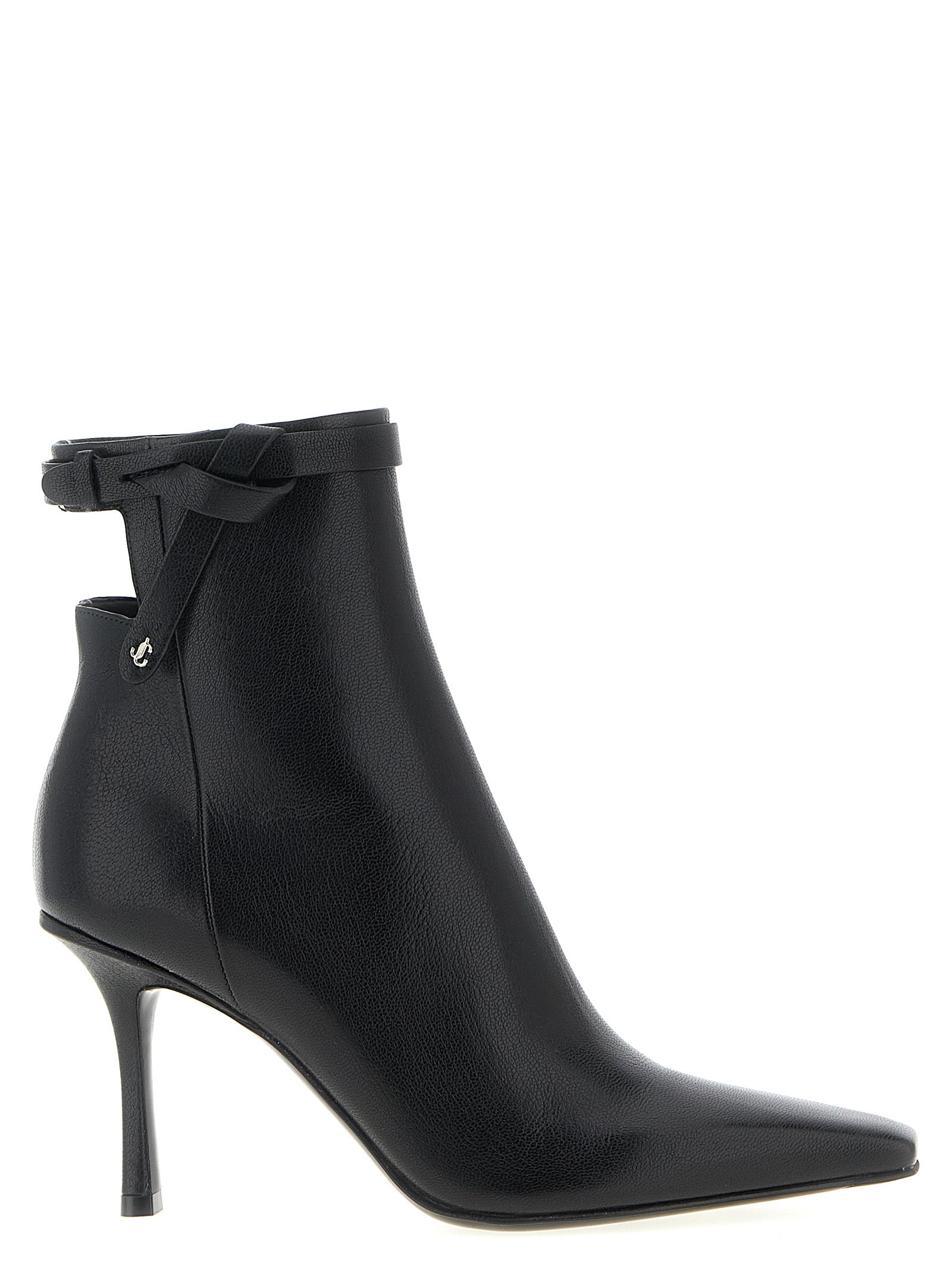 Stiletto Ankle Cut-Out Strap Boots by Jimmy Choo for women in plastic leather & silk black features an dynamic silhouette, showcasing the dynamic Women's Plastic Leather & Silk Stiletto Ankle Cut-Out Strap Boots design with its distinctive stiletto and elegant square toe style.