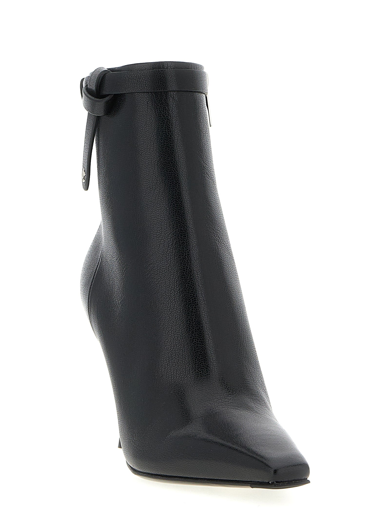 Stiletto Ankle Cut-Out Strap Boots by Jimmy Choo for women in plastic leather & silk black features an high-performance silhouette, showcasing the sophisticated design of the Women's Plastic Leather & Silk Stiletto Ankle Cut-Out Strap Boots with a stiletto and a refined square toe style.