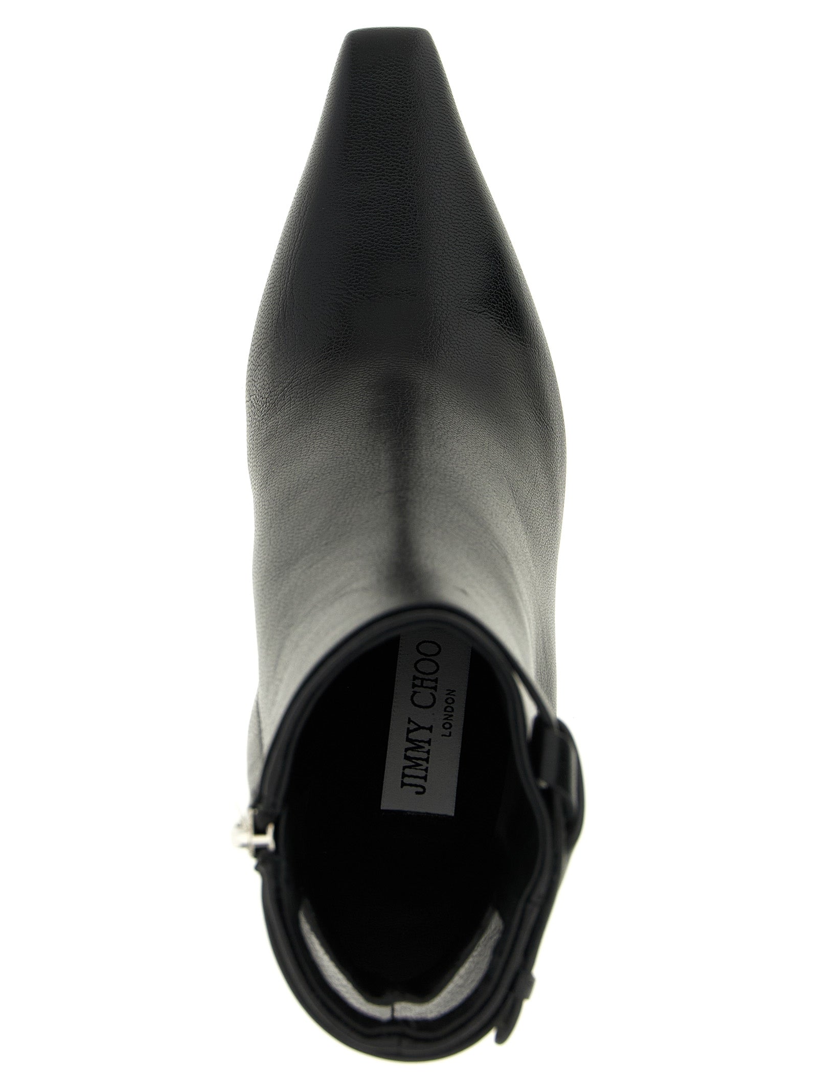 Stiletto Ankle Cut-Out Strap Boots by Jimmy Choo for women in plastic leather & silk black showcases a impeccable silhouette as Women's Plastic Leather & Silk Stiletto Ankle Cut-Out Strap Boots, artfully defined by a impeccable stiletto and a impeccable square toe style.