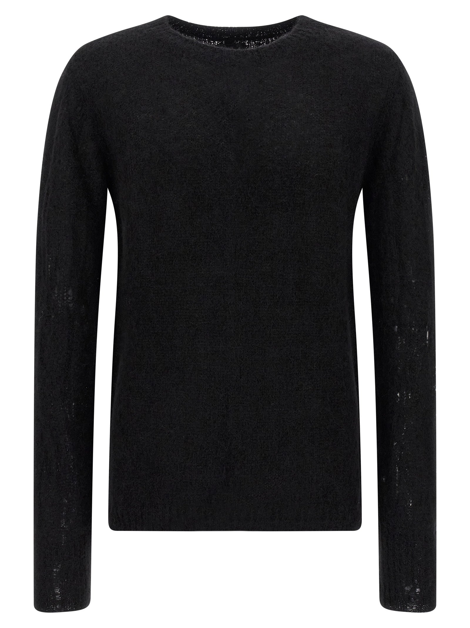 Cardigan by Thom Krom for men in alpaca wool & polyamide black presents a textural silhouette, artfully finished with a textural crew neckline and long-sleeve for a sophisticated, textural look.