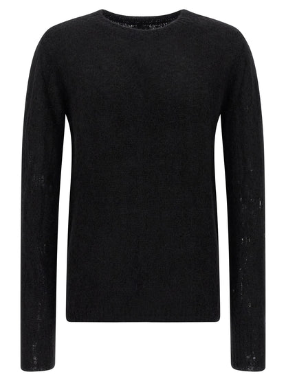 Cardigan by Thom Krom for men in alpaca wool & polyamide black presents a textural silhouette, artfully finished with a textural crew neckline and long-sleeve for a sophisticated, textural look.