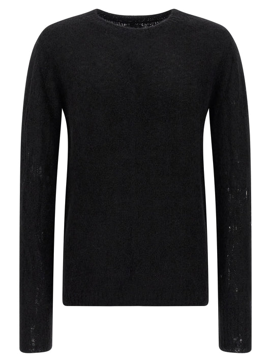Cardigan by Thom Krom for men in alpaca wool & polyamide black presents a textural silhouette, artfully finished with a textural crew neckline and long-sleeve for a sophisticated, textural look.