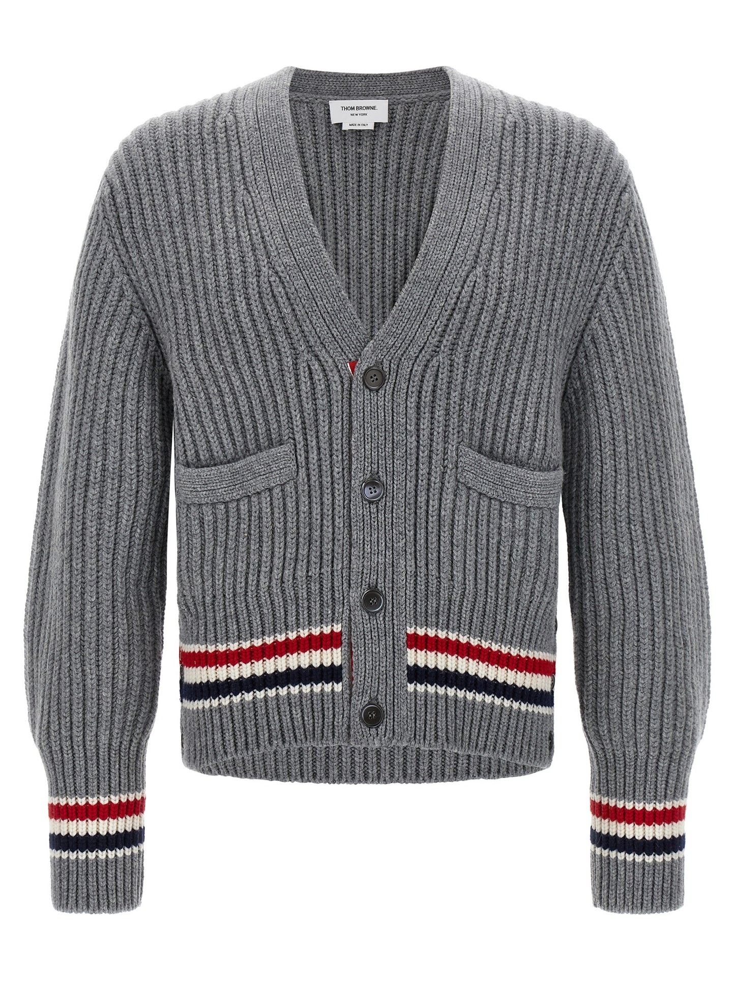 Cardigan by Thom Browne for men in cashmere gray features a dramatic silhouette, showcasing a sophisticated v-neck neckline and dramatic detail for a timeless, premium look.