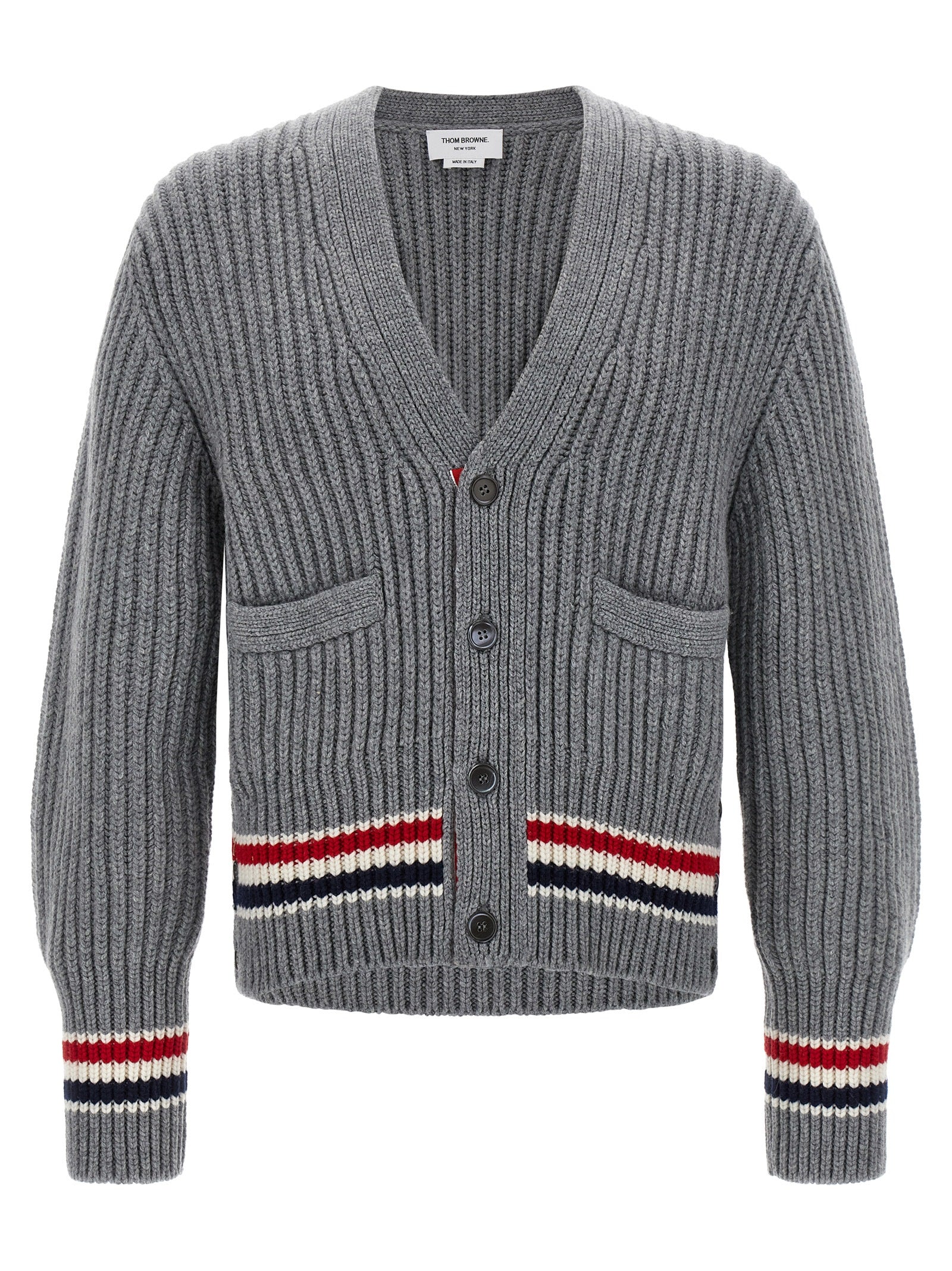 Cardigan by Thom Browne for men in cashmere gray features a dramatic silhouette, showcasing a sophisticated v-neck neckline and dramatic detail for a timeless, premium look.