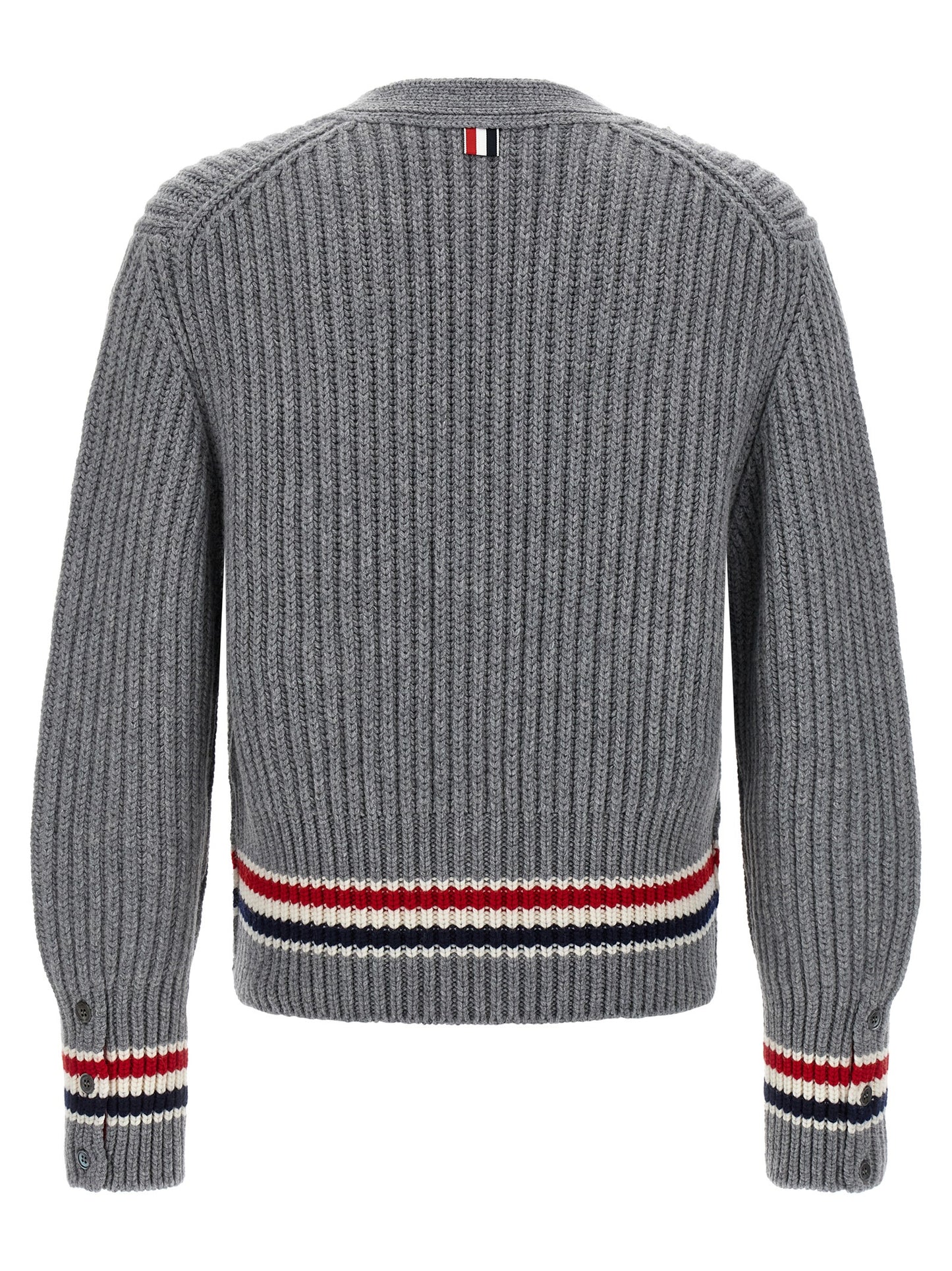 Cardigan by Thom Browne for men in cashmere gray showcases a captivating silhouette, artfully detailed with a captivating and v-neck neckline for a truly sophisticated captivating look.