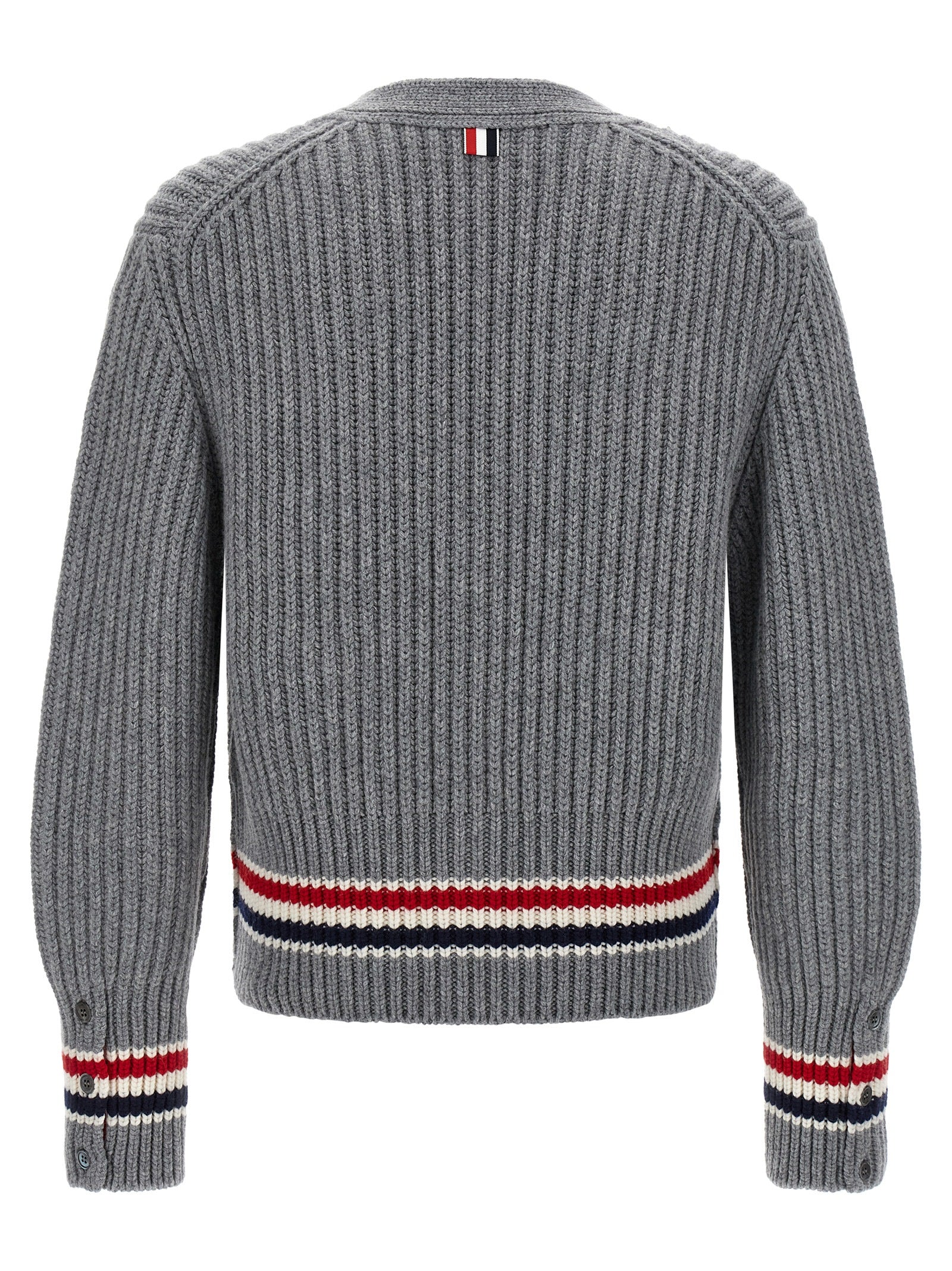 Cardigan by Thom Browne for men in cashmere gray showcases a captivating silhouette, artfully detailed with a captivating and v-neck neckline for a truly sophisticated captivating look.