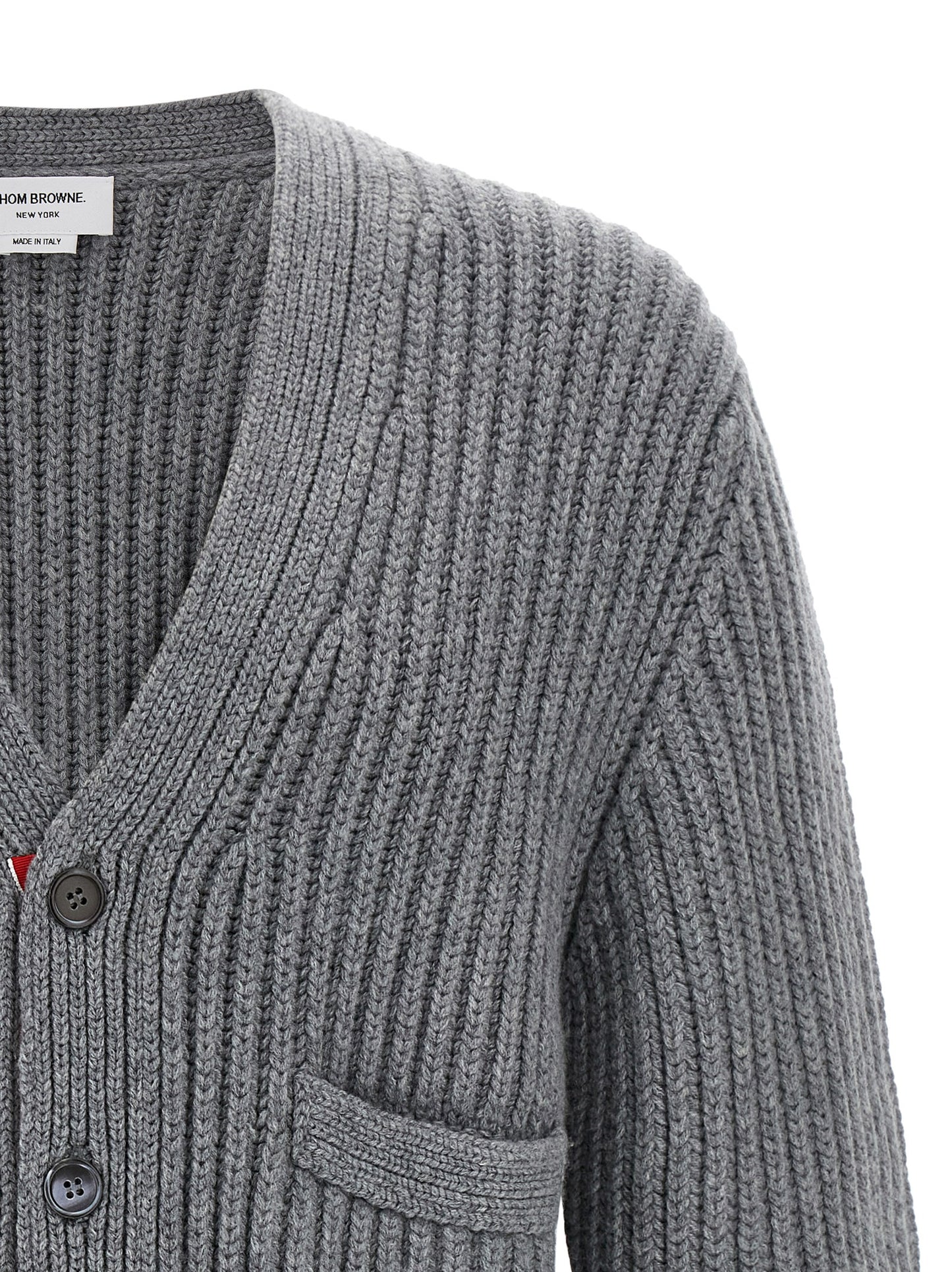 Cardigan by Thom Browne for men in cashmere gray features an crisp silhouette, showcasing a sophisticated v-neck neckline and detail for a truly crisp finish.