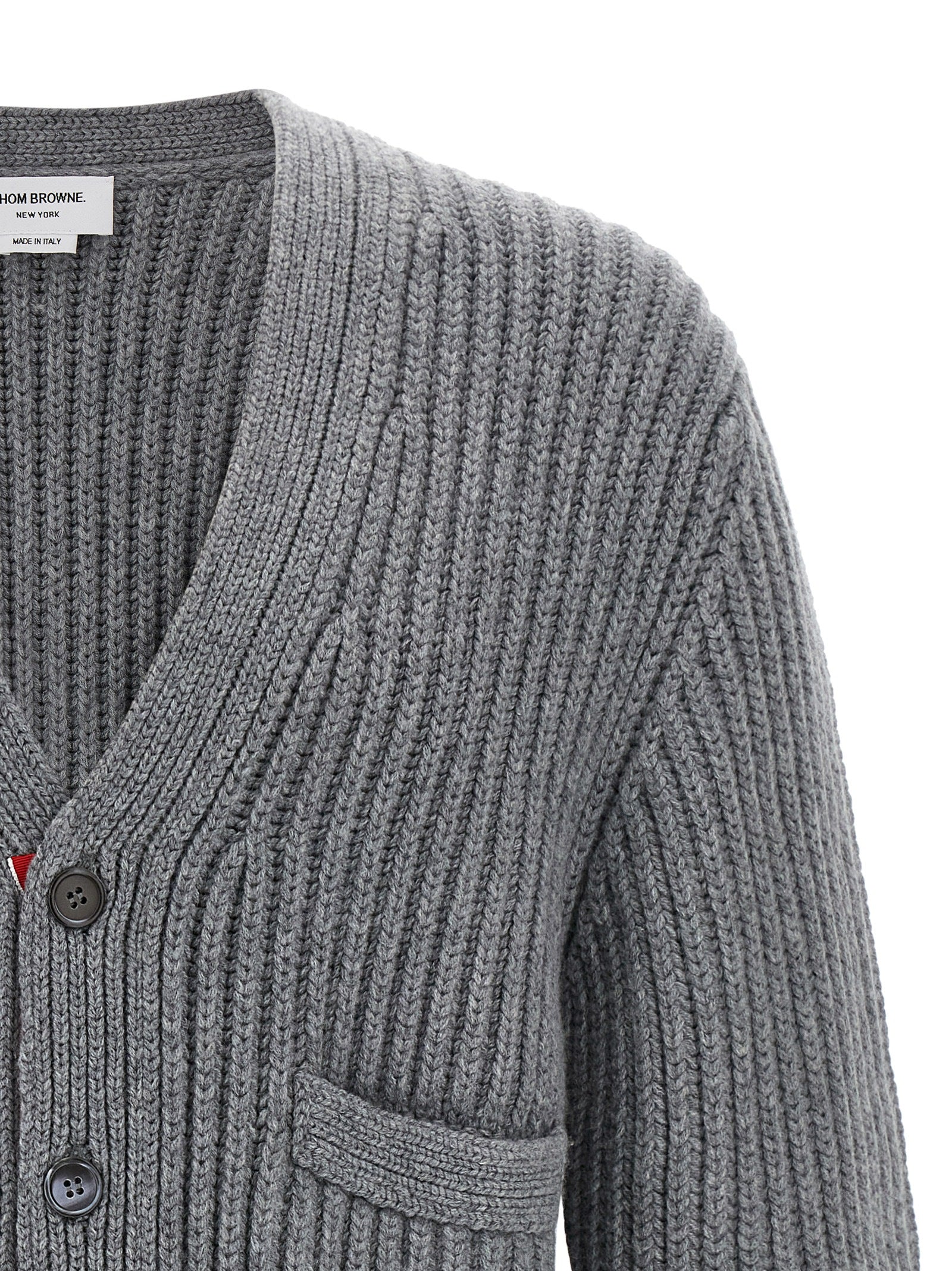 Cardigan by Thom Browne for men in cashmere gray features an crisp silhouette, showcasing a sophisticated v-neck neckline and detail for a truly crisp finish.
