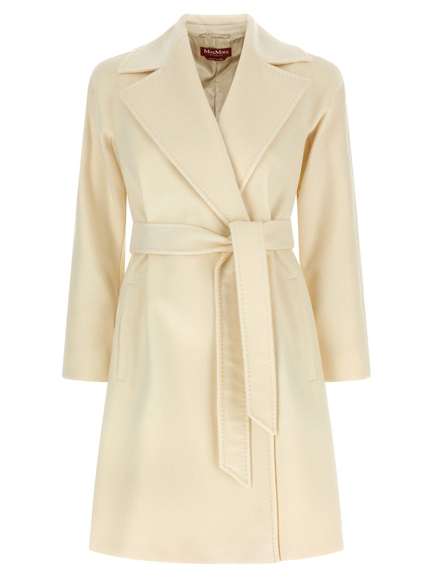Overcoat by Max Mara for women in viscose & virgin wool white & monogram presents a luxurious silhouette, showcasing a luxurious lapel neckline and sophisticated for a premium, luxurious look.