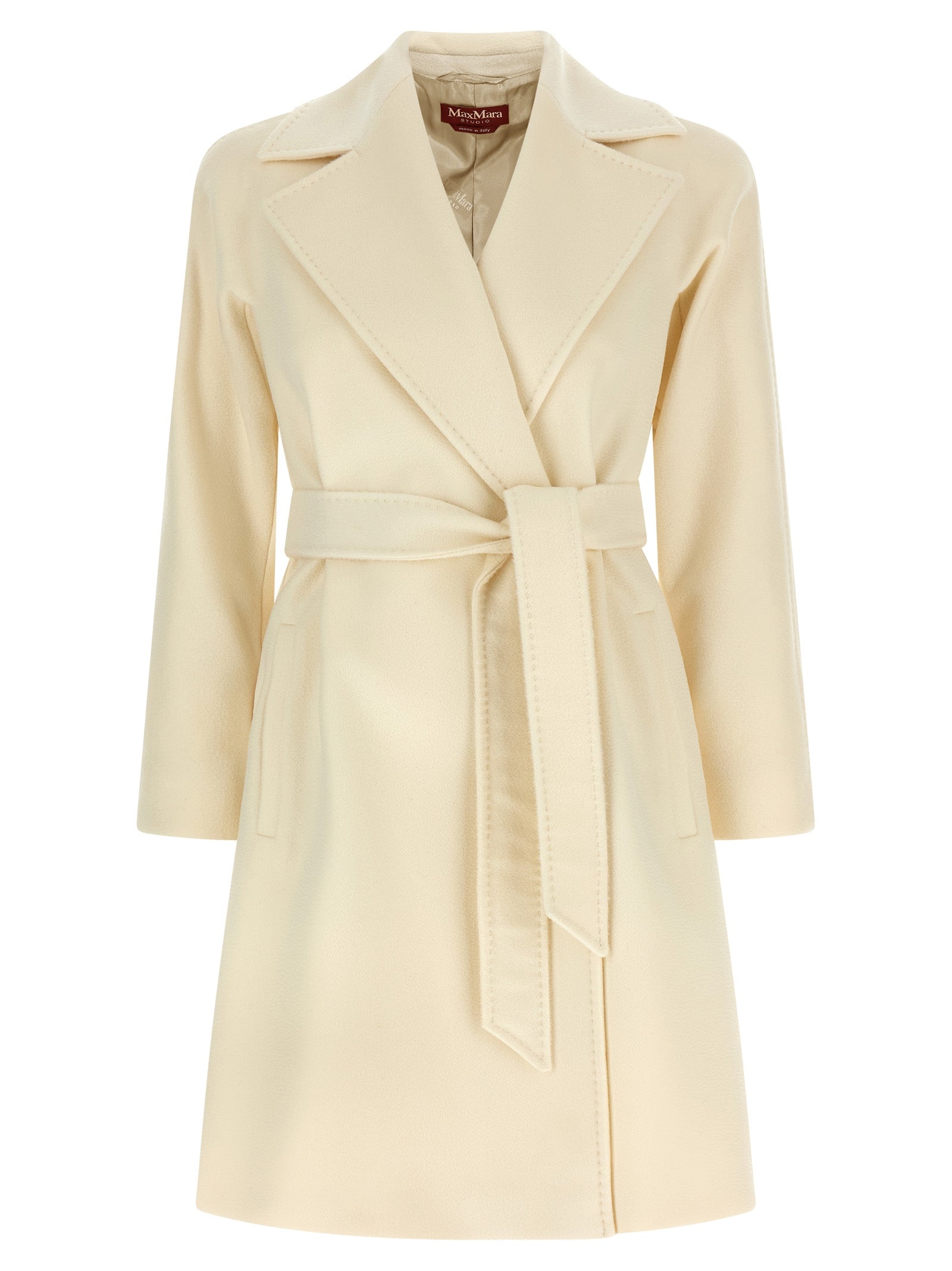 Overcoat by Max Mara for women in viscose & virgin wool white & monogram presents a luxurious silhouette, showcasing a luxurious lapel neckline and sophisticated for a premium, luxurious look.