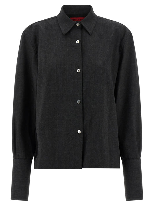 Blouse by THELATEST for women in polyester & virgin wool gray presents a discerning silhouette, showcasing a sophisticated and for a truly discerning finish.