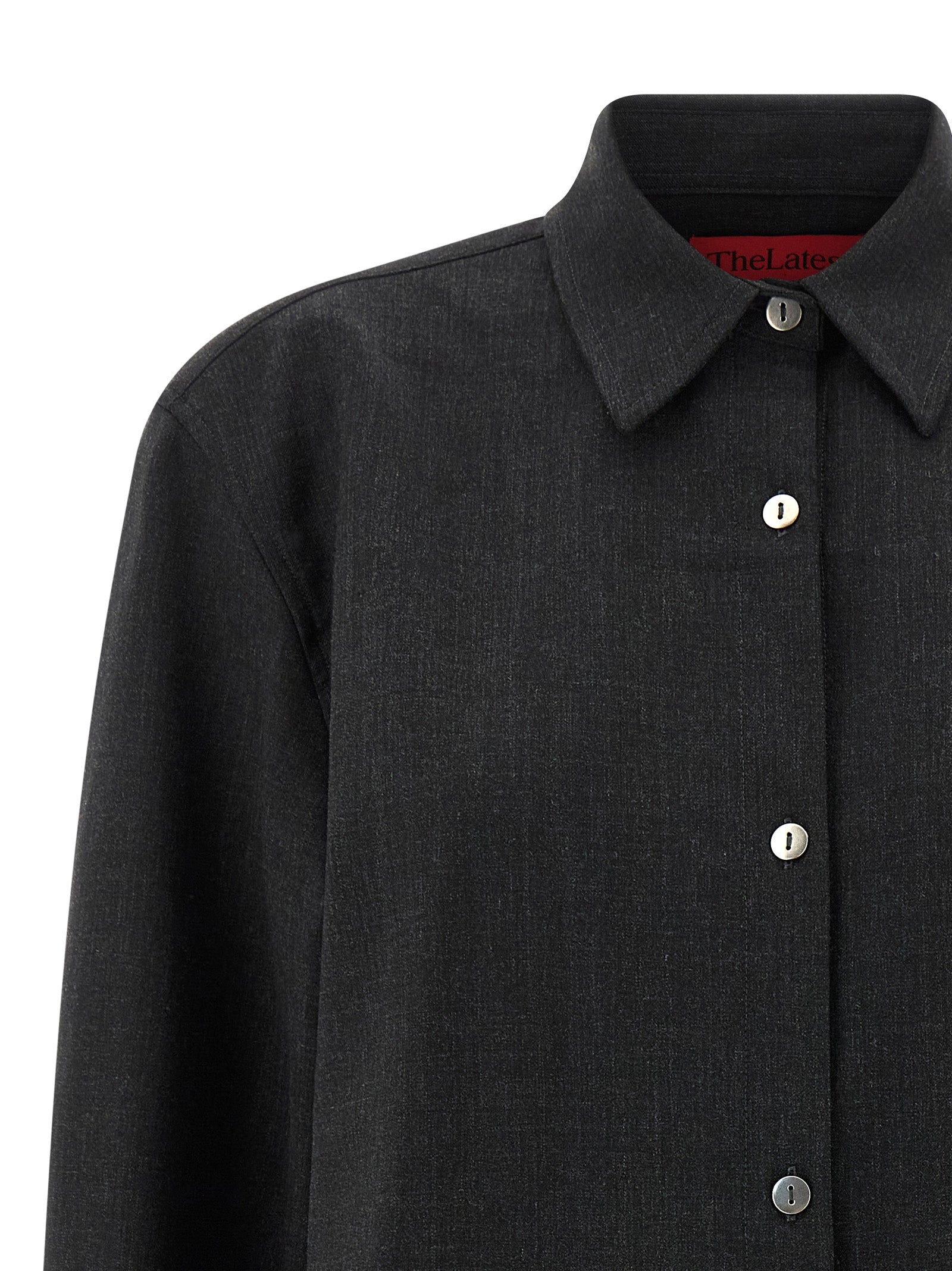 Blouse by THELATEST for women in polyester & virgin wool gray showcases a sharp silhouette, elegantly detailed with a sharp and sharp .