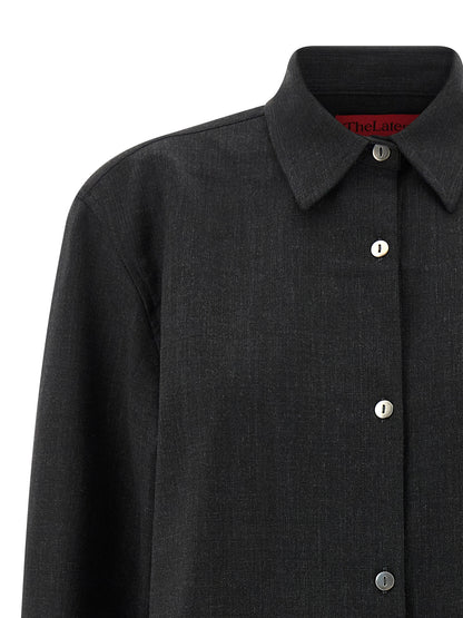 Blouse by THELATEST for women in polyester & virgin wool gray showcases a sharp silhouette, elegantly detailed with a sharp and sharp .