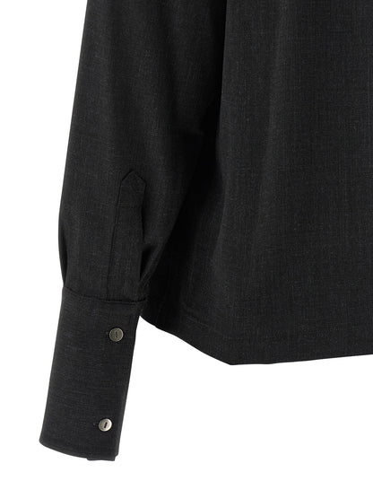Blouse by THELATEST for women in polyester & virgin wool gray showcases a sleek silhouette, elegantly detailed with a sleek and for a sleek finish.