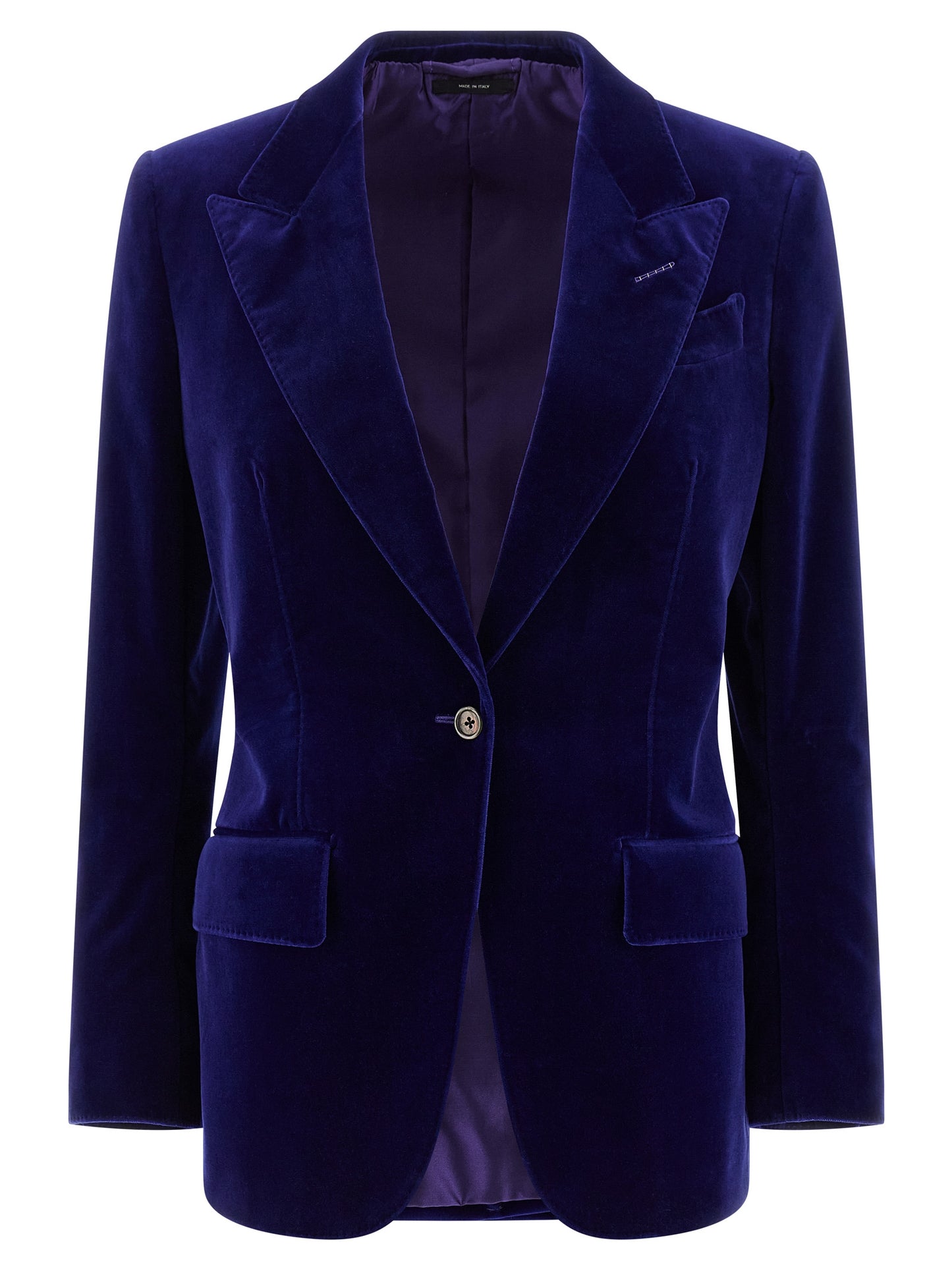 Blazer by Tom Ford for women in stretch cotton velvet blue features an stylish silhouette, showcasing a sophisticated split neckline and stylish for a truly stylish finish.