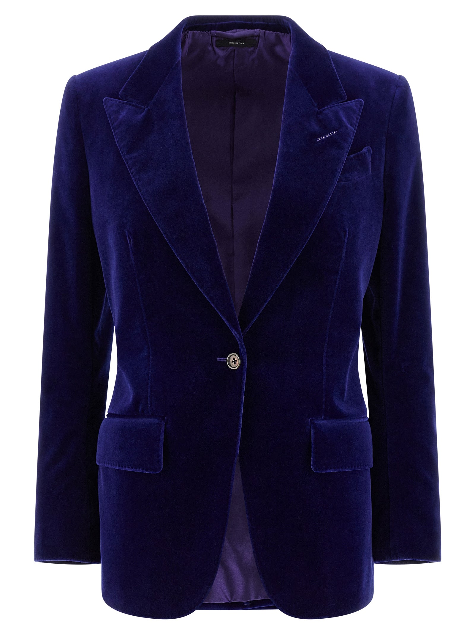 Blazer by Tom Ford for women in stretch cotton velvet blue features an stylish silhouette, showcasing a sophisticated split neckline and stylish for a truly stylish finish.