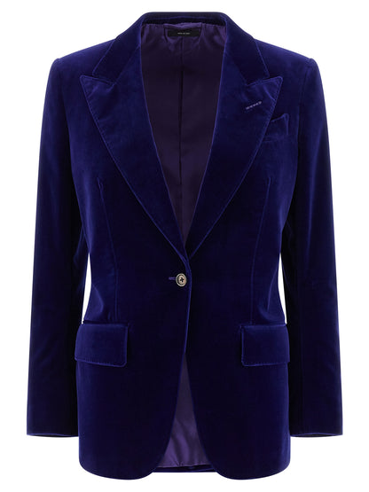 Blazer by Tom Ford for women in stretch cotton velvet blue features an stylish silhouette, showcasing a sophisticated split neckline and stylish for a truly stylish finish.