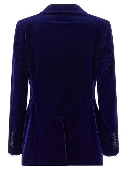 Blazer by Tom Ford for women in stretch cotton velvet blue showcases a polished silhouette, highlighted by a refined split neckline and polished for a sophisticated finish.