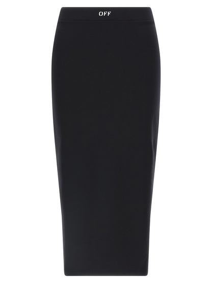 Skirt by Off-White for women in stretch polyamide black, white & print showcases a dramatic silhouette, artfully capturing the essence of the Women's Stretch Polyamide Midi Skirt in a dramatic midi cut for a refined look.