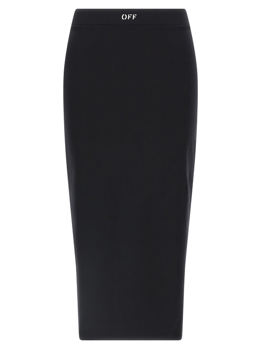 Skirt by Off-White for women in stretch polyamide black, white & print showcases a dramatic silhouette, artfully capturing the essence of the Women's Stretch Polyamide Midi Skirt in a dramatic midi cut for a refined look.