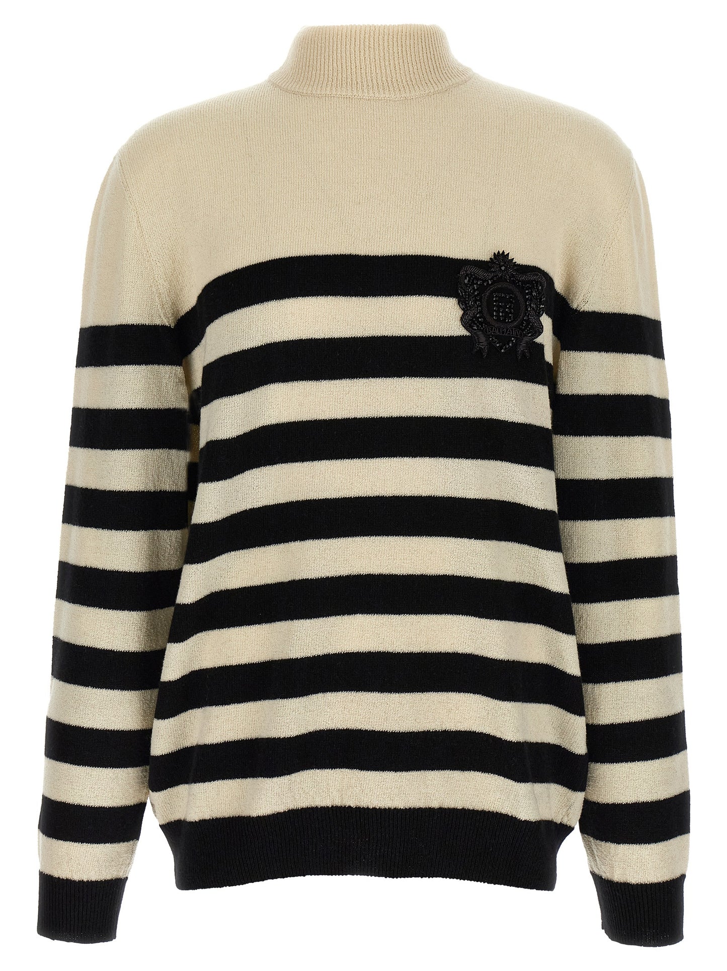 Cardigan by Balmain for men in cashmere bicolour, black, white & striped showcases a luxurious silhouette, meticulously detailed with a sophisticated high-neck neckline and for a refined finish.