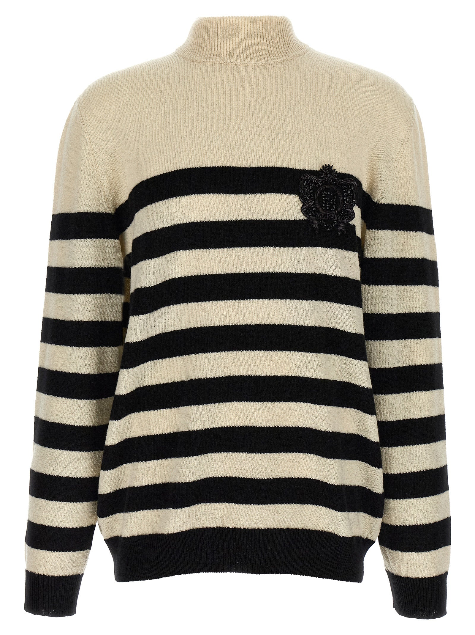 Cardigan by Balmain for men in cashmere bicolour, black, white & striped showcases a luxurious silhouette, meticulously detailed with a sophisticated high-neck neckline and for a refined finish.