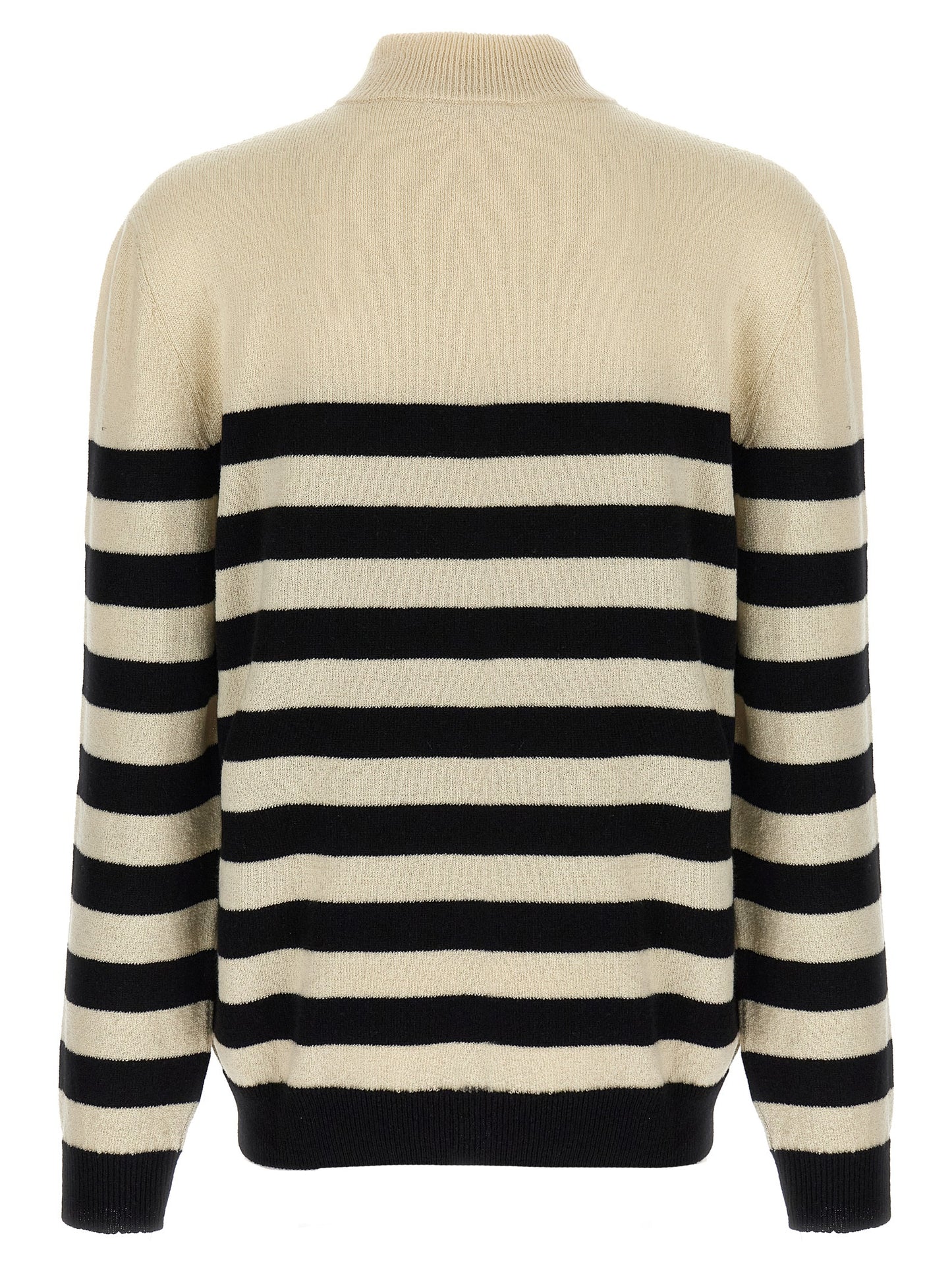 Cardigan by Balmain for men in cashmere bicolour, black, white & striped showcases a captivating silhouette, artfully detailed with a captivating and high-neck neckline for a truly sophisticated captivating look.
