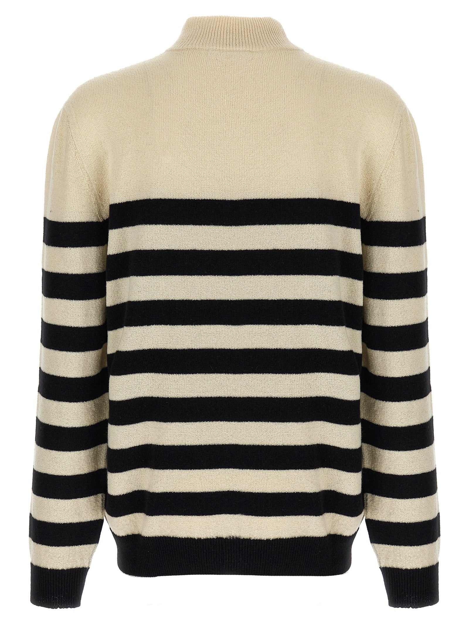 Cardigan by Balmain for men in cashmere bicolour, black, white & striped showcases a captivating silhouette, artfully detailed with a captivating and high-neck neckline for a truly sophisticated captivating look.