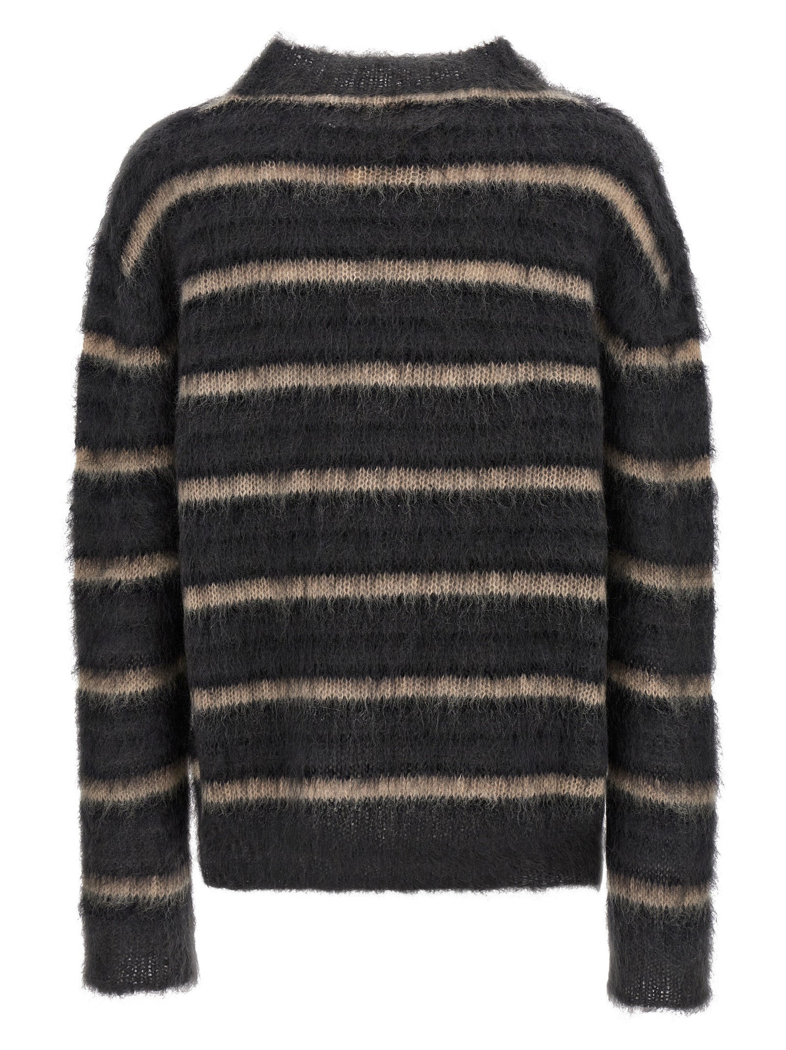 Cardigan by Marni for men in polyester & mohair gray, multicolor, patterned & striped presents a textural silhouette, artfully finished with a textural crew neckline and for a sophisticated, textural look.