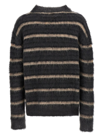 Cardigan by Marni for men in polyester & mohair gray, multicolor, patterned & striped presents a textural silhouette, artfully finished with a textural crew neckline and for a sophisticated, textural look.