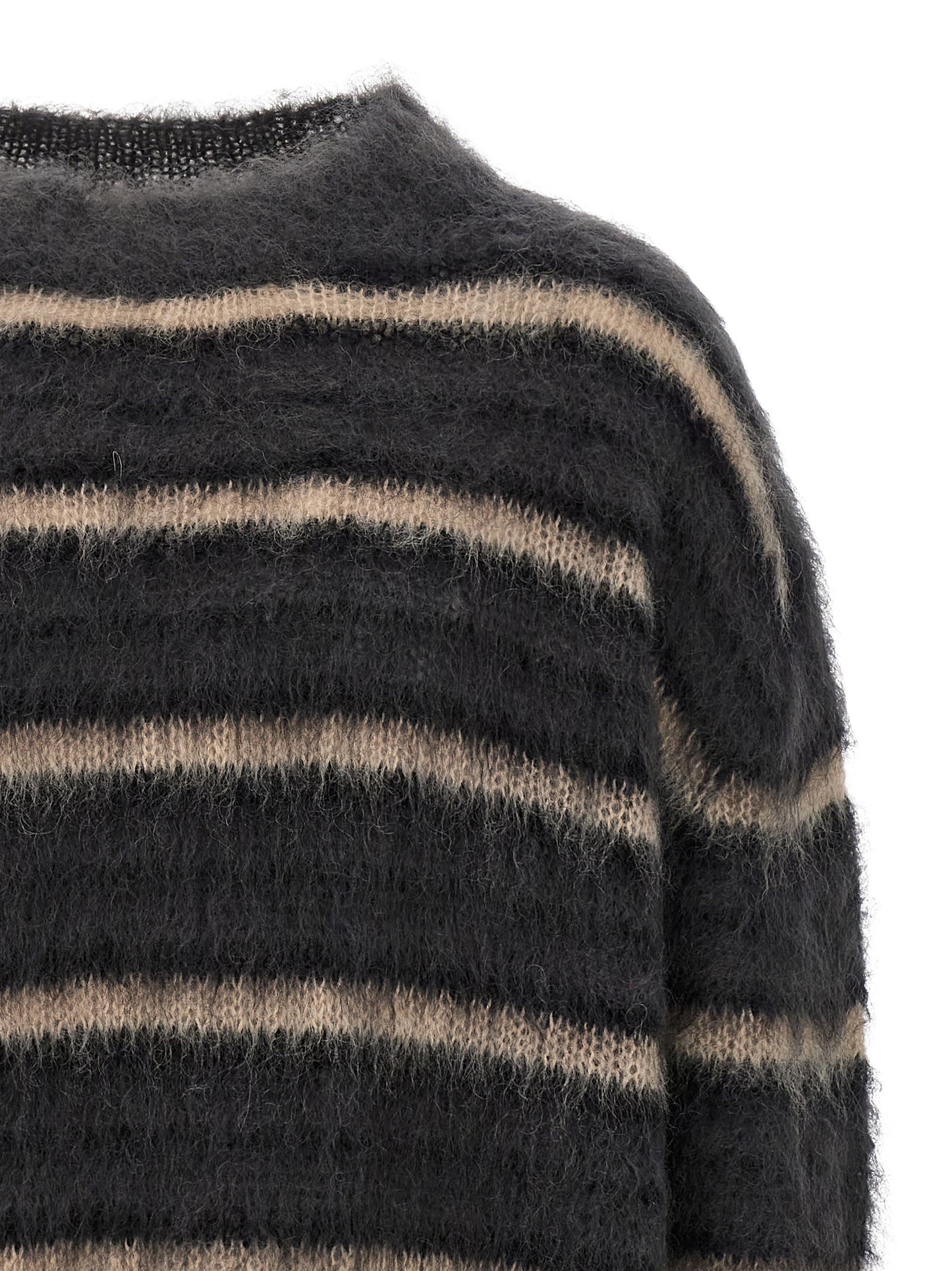 Cardigan by Marni for men in polyester & mohair gray, multicolor, patterned & striped presents a textural silhouette, artfully finished with a textural crew neckline and for a sophisticated, textural look.