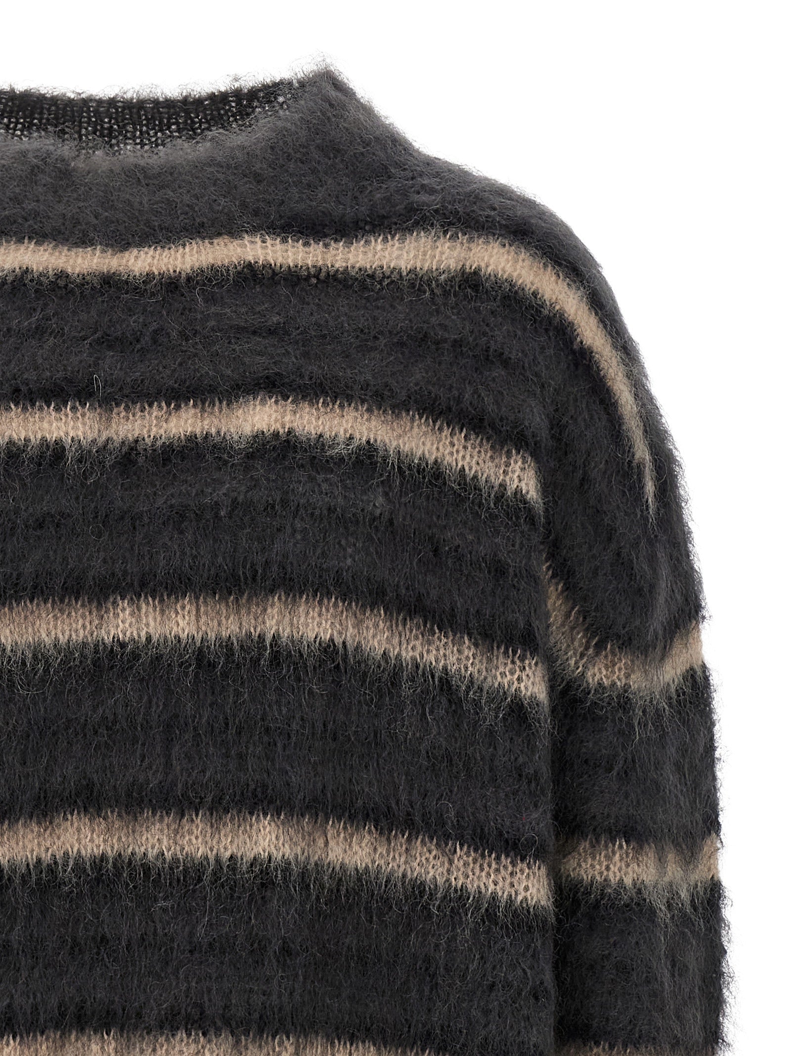 Cardigan by Marni for men in polyester & mohair gray, multicolor, patterned & striped presents a textural silhouette, artfully finished with a textural crew neckline and for a sophisticated, textural look.