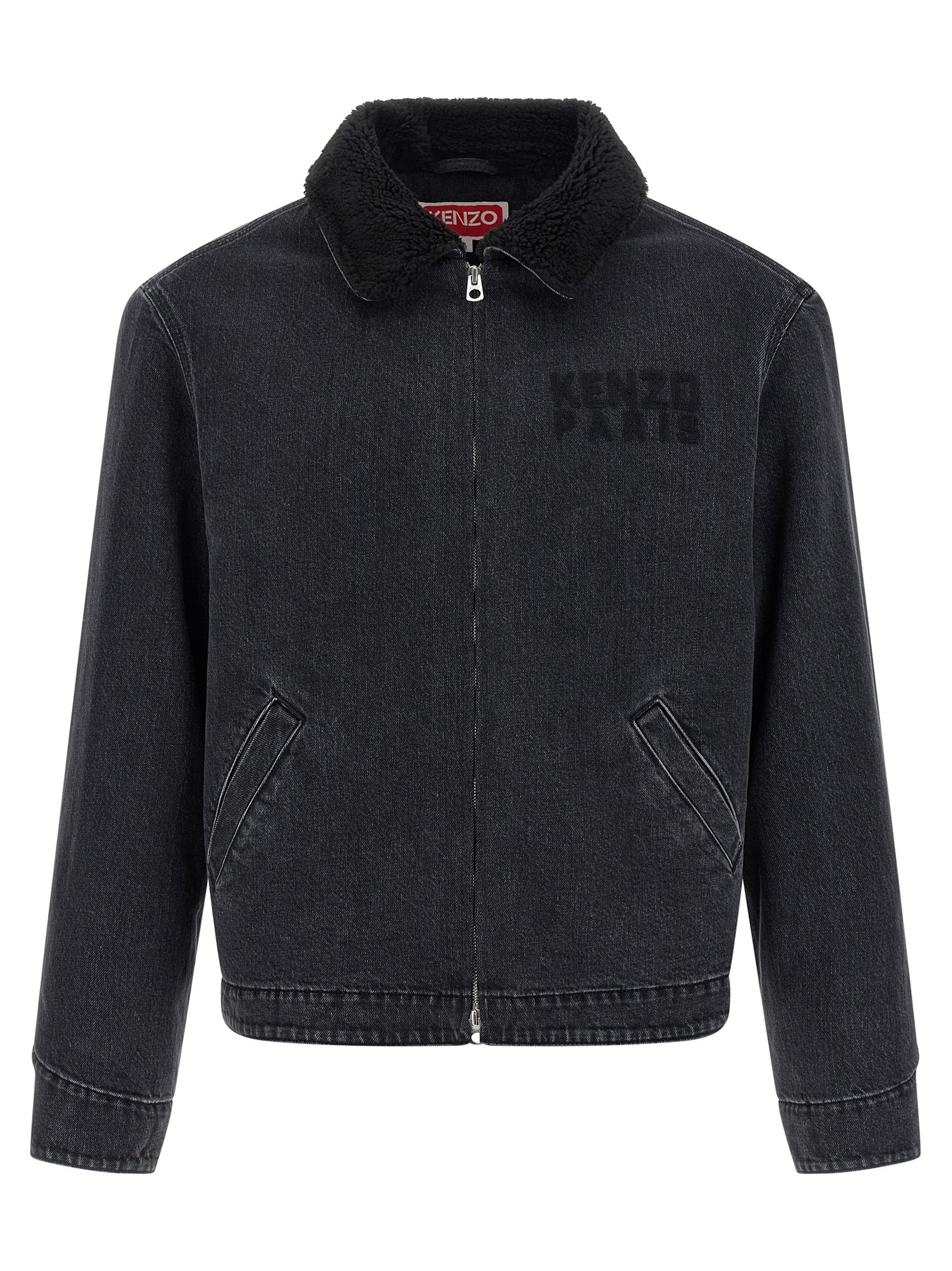 Trucker Jacket by Kenzo for men in stretch denim cotton black showcases a bohemian silhouette, artfully detailed with a bohemian and signature pockets for a truly bohemian finish.