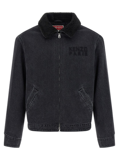 Trucker Jacket by Kenzo for men in stretch denim cotton black showcases a bohemian silhouette, artfully detailed with a bohemian and signature pockets for a truly bohemian finish.