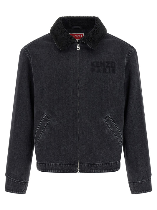 Trucker Jacket by Kenzo for men in stretch denim cotton black showcases a bohemian silhouette, artfully detailed with a bohemian and signature pockets for a truly bohemian finish.