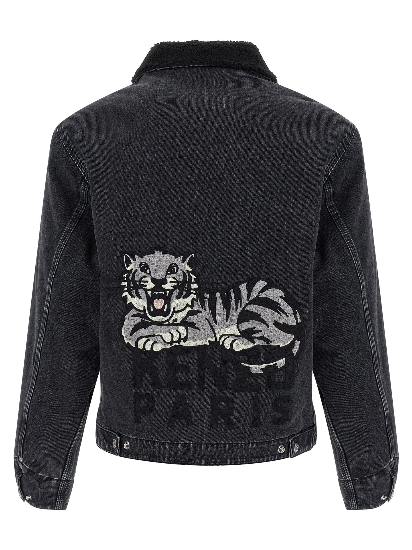 Trucker Jacket by Kenzo for men in stretch denim cotton black features a dramatic silhouette, showcasing a sophisticated and distinctive pockets for a dramatic aesthetic.