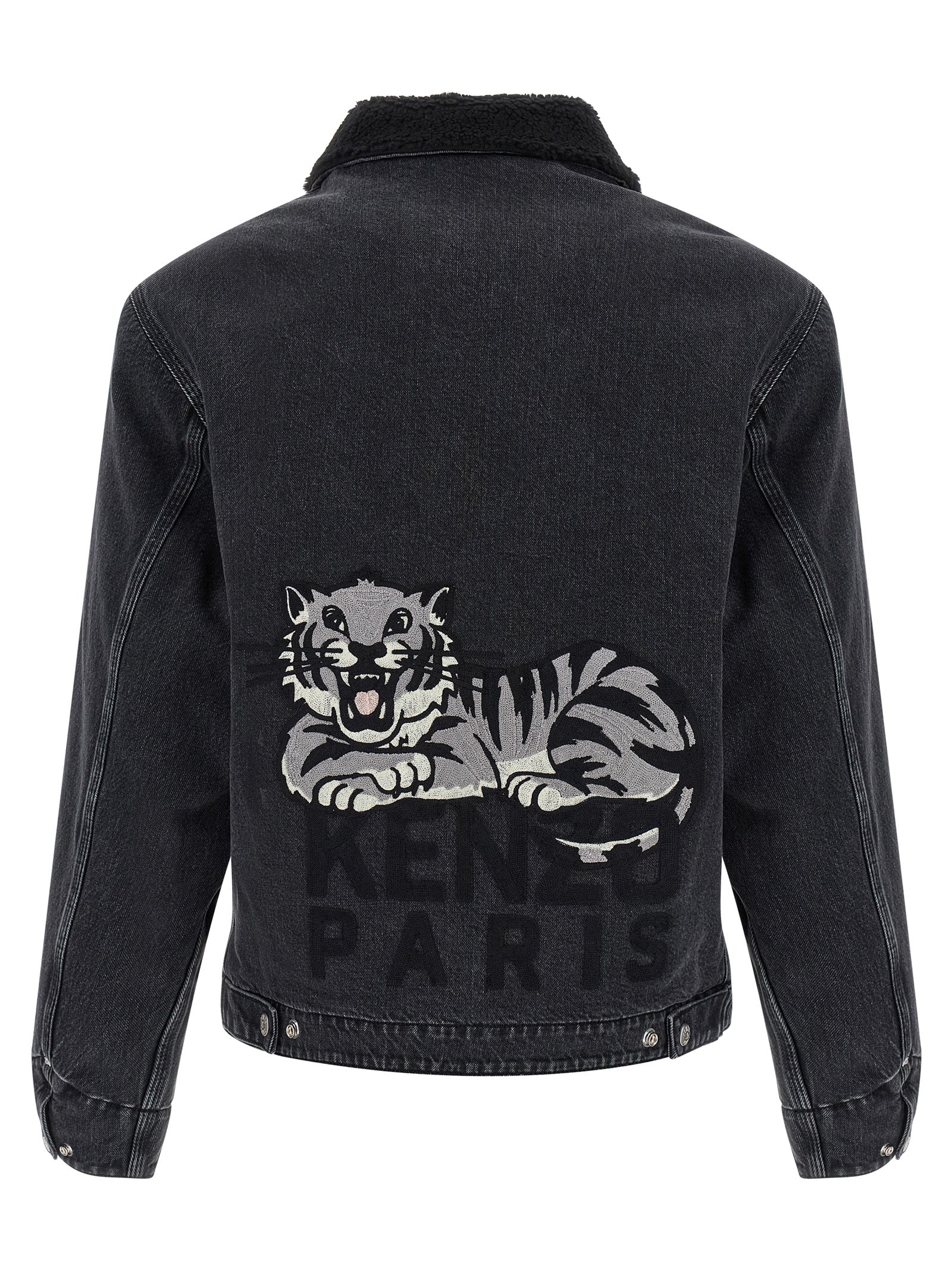 Trucker Jacket by Kenzo for men in stretch denim cotton black features a dramatic silhouette, showcasing a sophisticated and distinctive pockets for a dramatic aesthetic.