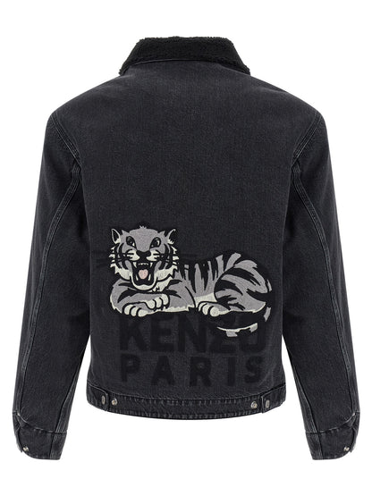 Trucker Jacket by Kenzo for men in stretch denim cotton black features a dramatic silhouette, showcasing a sophisticated and distinctive pockets for a dramatic aesthetic.