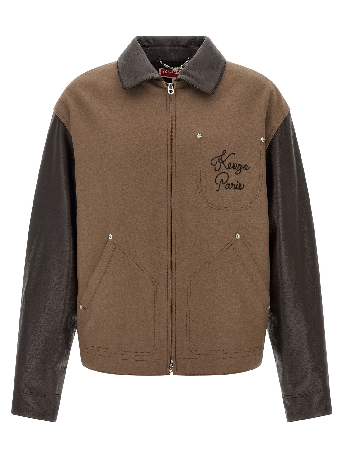 This Jacket by Kenzo for men in polyamide grained leather & virgin wool brown showcases a magnificent silhouette, meticulously crafted with a distinctive and functional pockets & insulated for a magnificent finish.