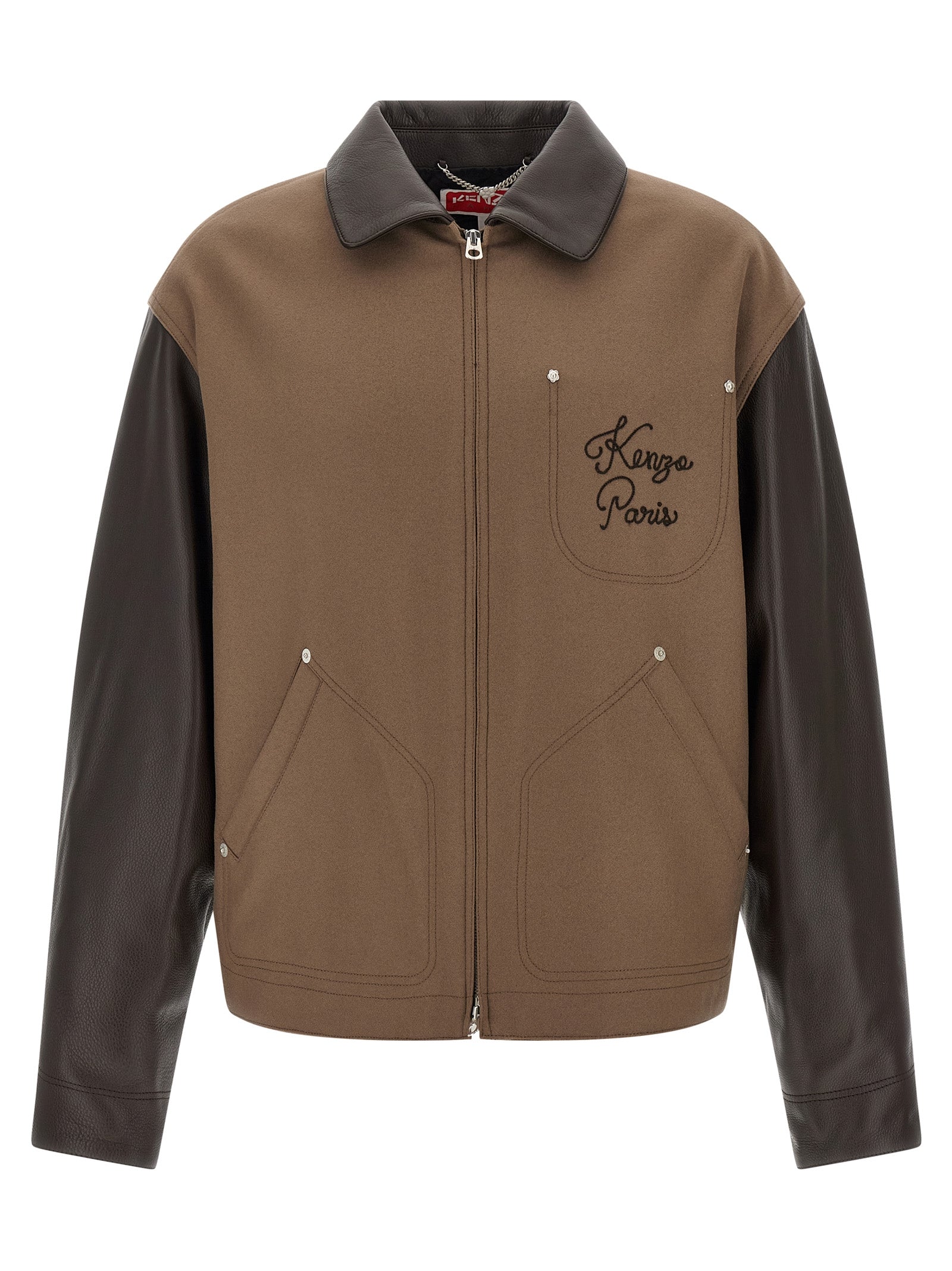 This Jacket by Kenzo for men in polyamide grained leather & virgin wool brown showcases a magnificent silhouette, meticulously crafted with a distinctive and functional pockets & insulated for a magnificent finish.