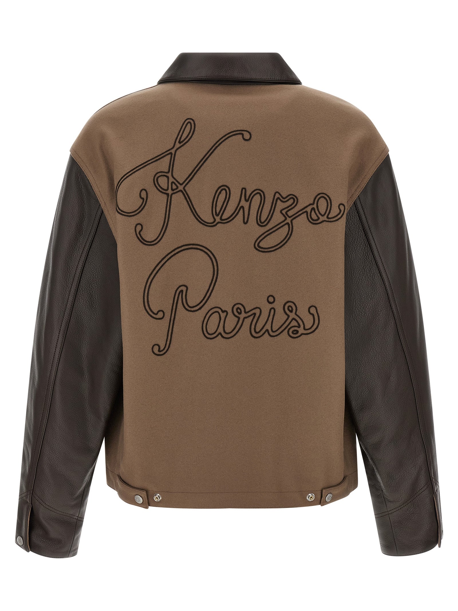 Jacket by Kenzo for men in polyamide grained leather & virgin wool brown features an utilitarian silhouette with a refined , showcasing sophisticated pockets & insulated for an utilitarian aesthetic.