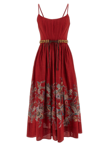 Dress by Zimmermann for women in cotton multicolor, red, patterned & paisley presents a sinuous silhouette, showcasing a sophisticated and detailed with a sinuous midi for a refined finish.