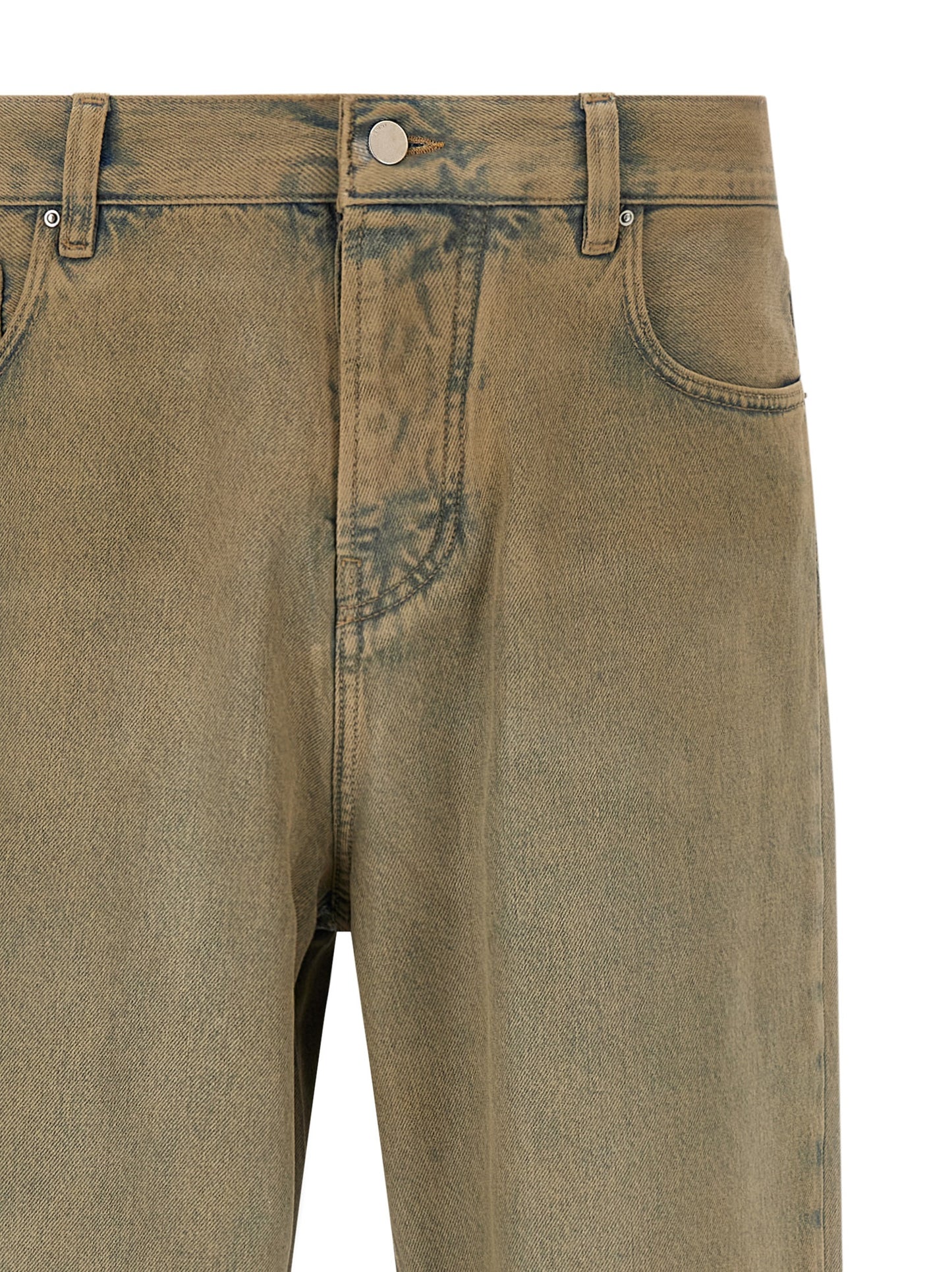 Jeans by Amiri for men in cotton denim beige features a polished silhouette with a polished straight-leg & wide, reaching a polished long and finished with a polished .