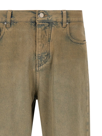 Jeans by Amiri for men in cotton denim beige features a polished silhouette with a polished straight-leg & wide, reaching a polished long and finished with a polished .