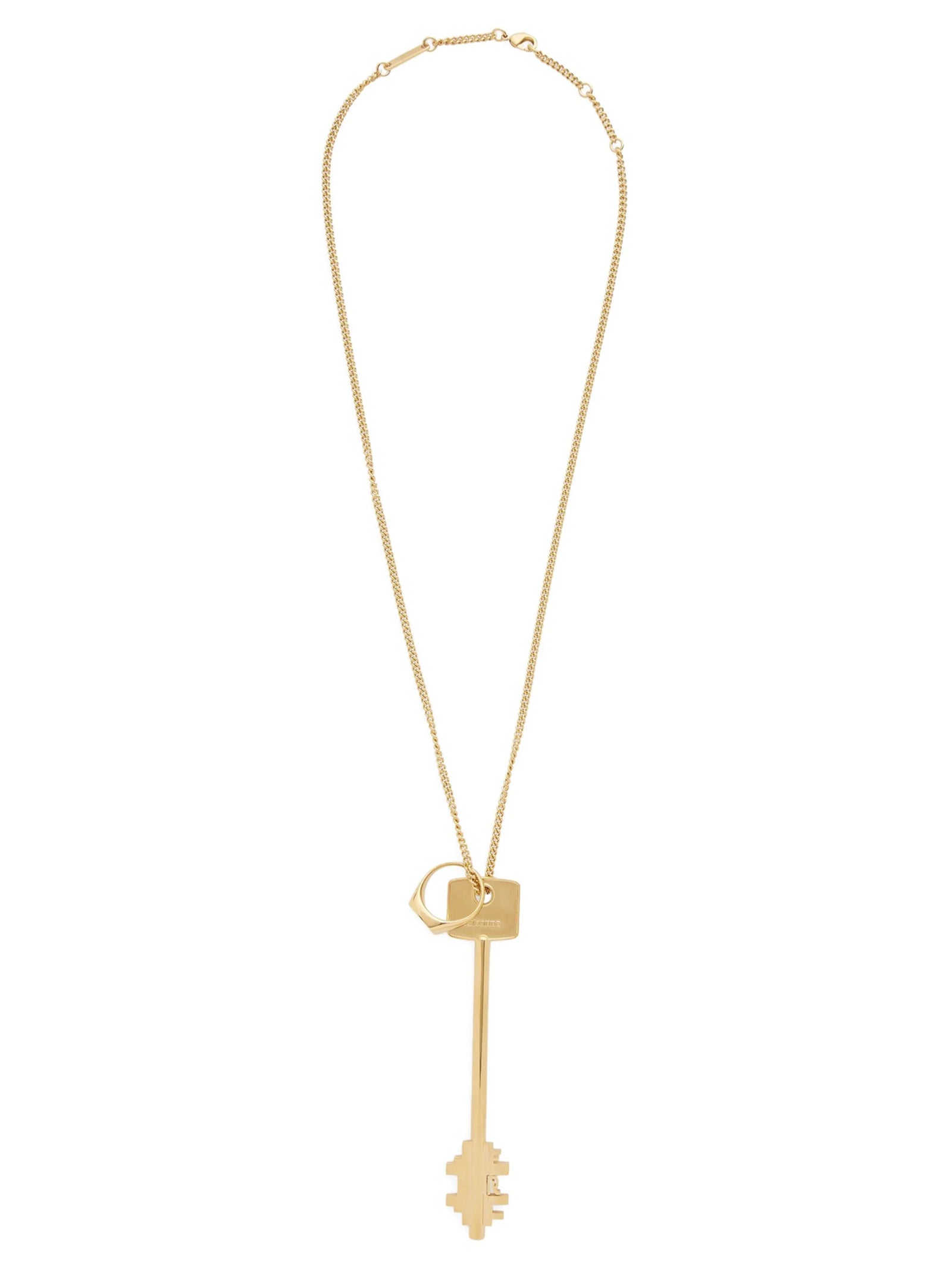 Necklace by Paco Rabanne for women in virgin wool terrycloth gold showcases a dynamic silhouette, artfully highlighting the pendant statement necklace design from the Women's Gold Brass Necklace collection for a dynamic aesthetic.