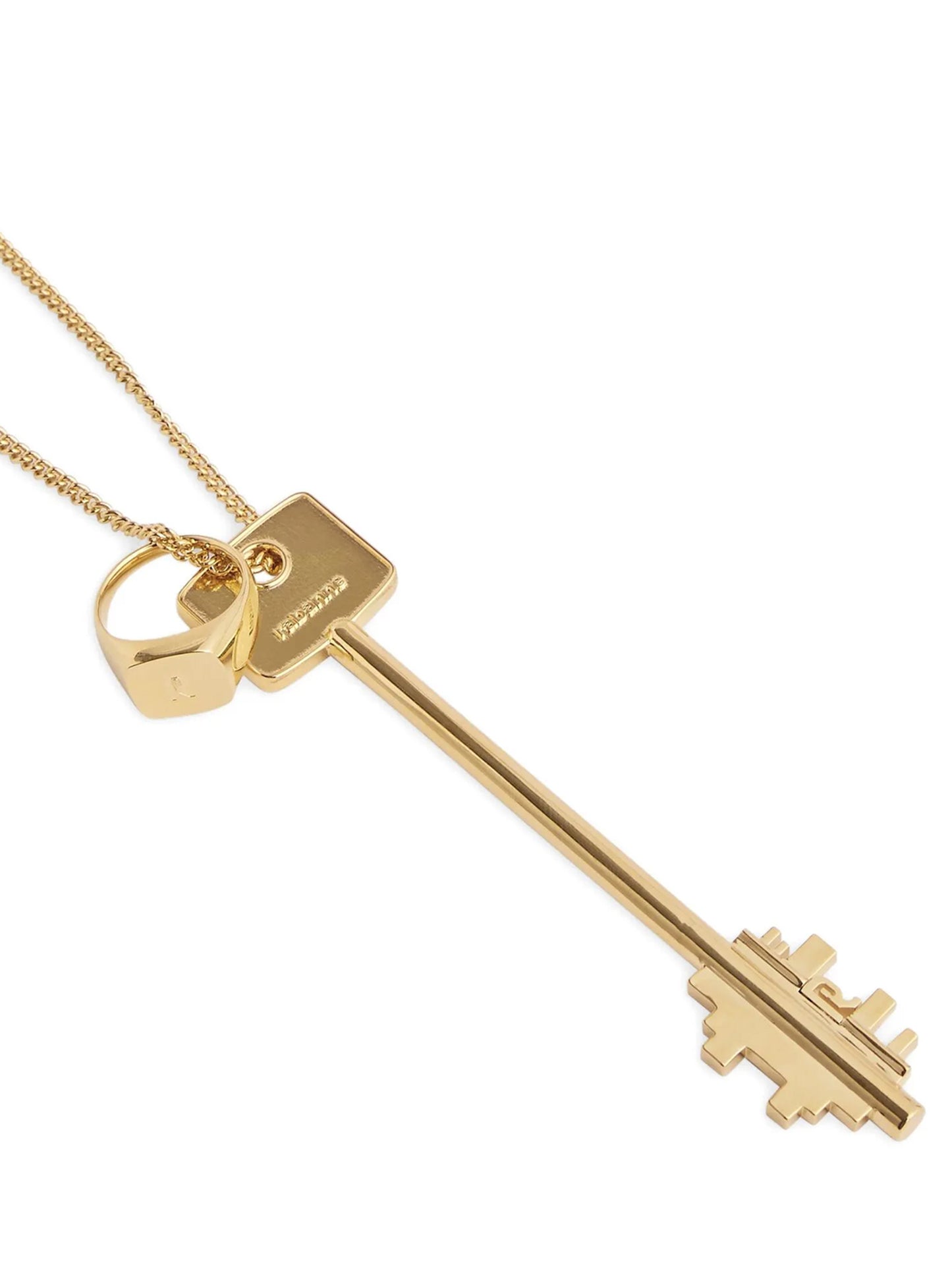 Necklace by Paco Rabanne for women in virgin wool terrycloth gold showcases a luminous pendant statement necklace design that defines the elegant Women's Gold Brass Necklace.