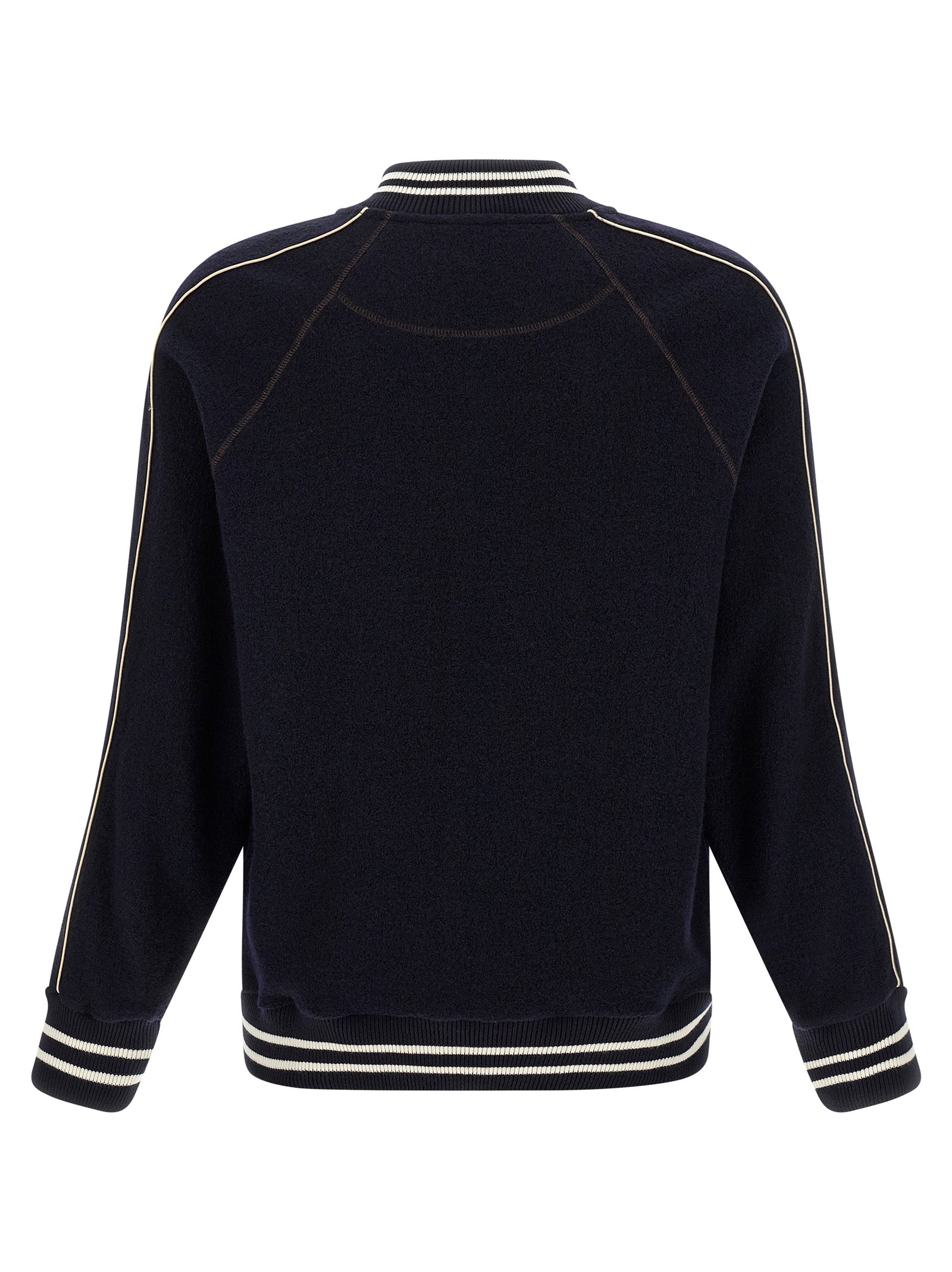 Bomber Jacket by WALES BONNER for men in virgin wool terrycloth blue features a dramatic silhouette, showcasing a sophisticated and distinctive lightweight & pockets for a dramatic aesthetic.