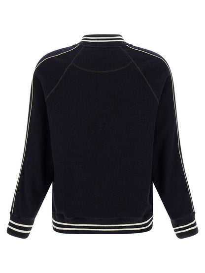 Bomber Jacket by WALES BONNER for men in virgin wool terrycloth blue features a dramatic silhouette, showcasing a sophisticated and distinctive lightweight & pockets for a dramatic aesthetic.